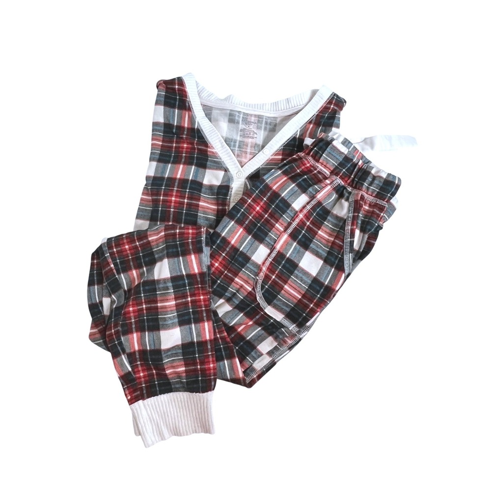 Womens Small Red Aqua‎ Blue Knit Plaid Pajama Set Pants Long Sleeve Loungewear